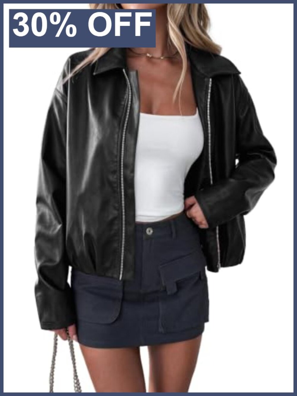 Faux Leather Womens Motorcycle Jacket Cropped Zip Up Fall Coat